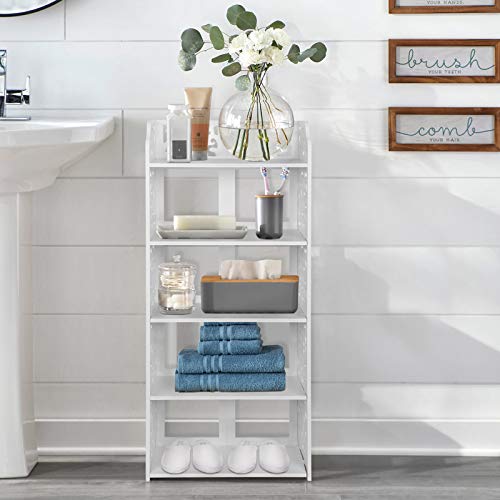 5 Tier Shoes Rack, Modern White Wood Shoe Storage Shelf Space Saving Shoe Display Stand, Free Standing Shoes Storage Tower Organizer Closet Shelves for Home Living Room Hallway Office