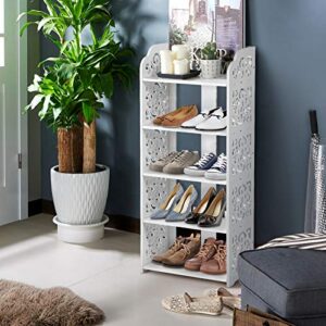 5 Tier Shoes Rack, Modern White Wood Shoe Storage Shelf Space Saving Shoe Display Stand, Free Standing Shoes Storage Tower Organizer Closet Shelves for Home Living Room Hallway Office