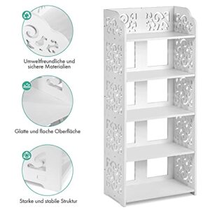 5 Tier Shoes Rack, Modern White Wood Shoe Storage Shelf Space Saving Shoe Display Stand, Free Standing Shoes Storage Tower Organizer Closet Shelves for Home Living Room Hallway Office