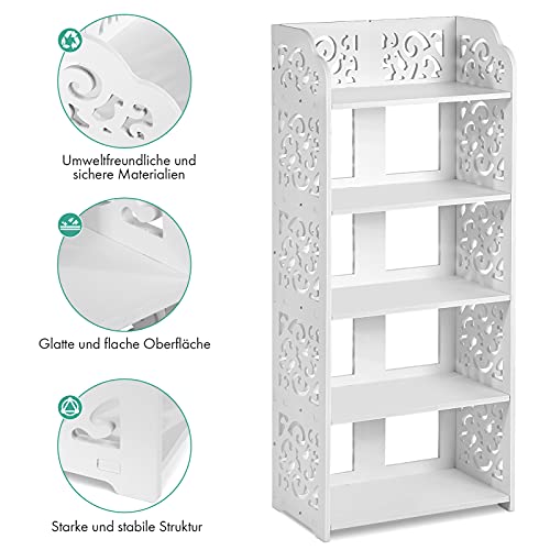 5 Tier Shoes Rack, Modern White Wood Shoe Storage Shelf Space Saving Shoe Display Stand, Free Standing Shoes Storage Tower Organizer Closet Shelves for Home Living Room Hallway Office