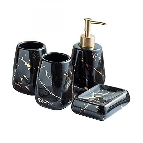 XUDREZ Bathroom Accessory Sets, Marble Look Bath Accessories Set, Includes Soap Dispenser Pump, Divided Toothbrush Holder, Tumbler Rinsing Cup, Storage Canister (Shiny Black 4-Piece Bathroom Set)