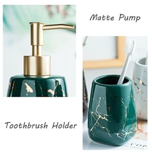 XUDREZ Bathroom Accessory Sets, Marble Look Bath Accessories Set, Includes Soap Dispenser Pump, Divided Toothbrush Holder, Tumbler Rinsing Cup, Storage Canister (Shiny Black 4-Piece Bathroom Set)