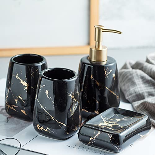 XUDREZ Bathroom Accessory Sets, Marble Look Bath Accessories Set, Includes Soap Dispenser Pump, Divided Toothbrush Holder, Tumbler Rinsing Cup, Storage Canister (Shiny Black 4-Piece Bathroom Set)