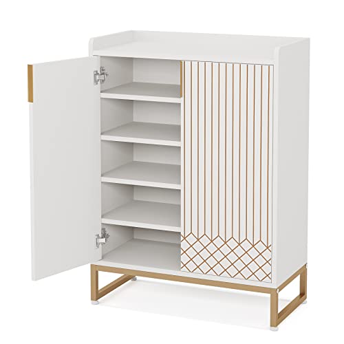 Tribesigns Shoe Cabinet, 25 Pairs Shoe Cabinets with Doors, White 5-Tier Wood Shoes Rack Organizer for Entryway, Freestanding Shoe Storage Cabinet with Gold Metal Frame for Bedroom Hallway Living Room