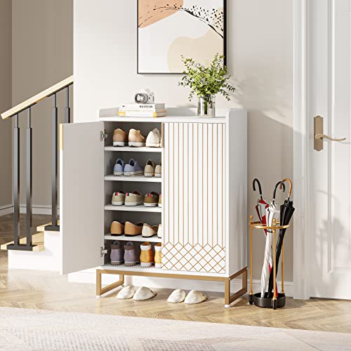 Tribesigns Shoe Cabinet, 25 Pairs Shoe Cabinets with Doors, White 5-Tier Wood Shoes Rack Organizer for Entryway, Freestanding Shoe Storage Cabinet with Gold Metal Frame for Bedroom Hallway Living Room
