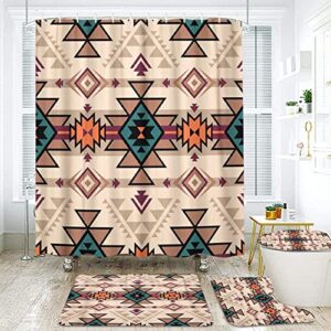 4 pcs shower curtain sets with rugs pink retro color tribal navajo aztec fancy geometric ethnic hipster weave summer durable shower curtain sets with 12 hooks shower curtain for bathroom set