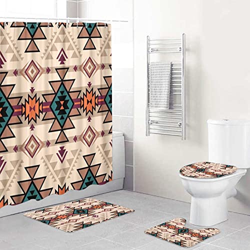 4 Pcs Shower Curtain Sets with Rugs Pink Retro Color Tribal Navajo Aztec Fancy Geometric Ethnic Hipster Weave Summer Durable Shower Curtain Sets with 12 Hooks Shower Curtain for Bathroom Set