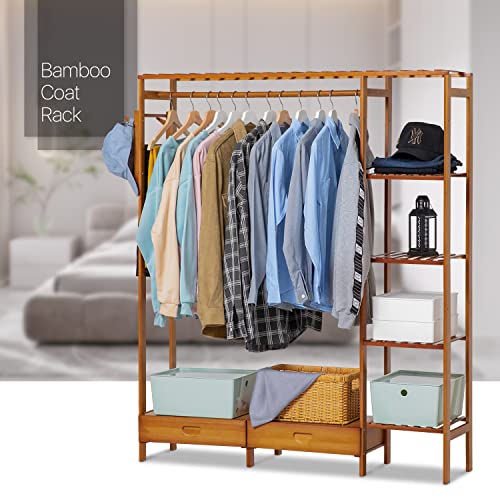 MoNiBloom Bamboo Clothes Rack, Freestanding Closet Organizer with 2 Drawers and a Hanging Rob, Extra 5 Clothing Storage Shelving for Bedroom Living Room, Brown