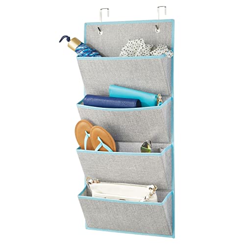 mDesign Soft Fabric Over The Door Hanging Storage Organizer with 4 Large Pockets for Closets in Bedrooms, Hallway, Entryway, Mudroom - Hooks Included - Textured Print - Gray/Teal Blue