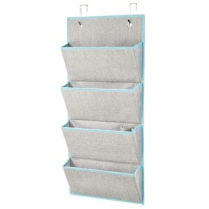 mDesign Soft Fabric Over The Door Hanging Storage Organizer with 4 Large Pockets for Closets in Bedrooms, Hallway, Entryway, Mudroom - Hooks Included - Textured Print - Gray/Teal Blue