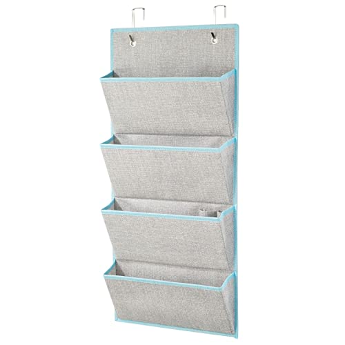 mDesign Soft Fabric Over The Door Hanging Storage Organizer with 4 Large Pockets for Closets in Bedrooms, Hallway, Entryway, Mudroom - Hooks Included - Textured Print - Gray/Teal Blue