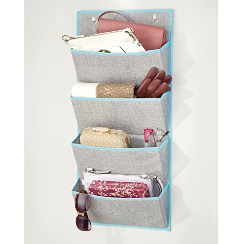 mDesign Soft Fabric Over The Door Hanging Storage Organizer with 4 Large Pockets for Closets in Bedrooms, Hallway, Entryway, Mudroom - Hooks Included - Textured Print - Gray/Teal Blue