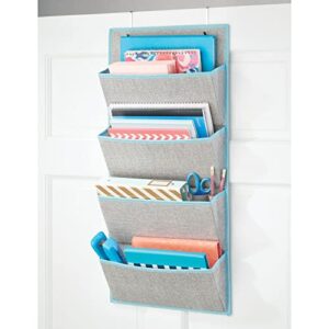 mDesign Soft Fabric Over The Door Hanging Storage Organizer with 4 Large Pockets for Closets in Bedrooms, Hallway, Entryway, Mudroom - Hooks Included - Textured Print - Gray/Teal Blue