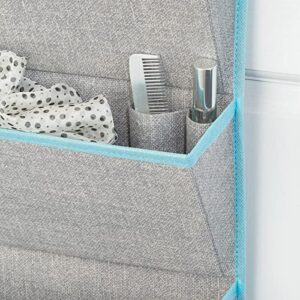 mDesign Soft Fabric Over The Door Hanging Storage Organizer with 4 Large Pockets for Closets in Bedrooms, Hallway, Entryway, Mudroom - Hooks Included - Textured Print - Gray/Teal Blue