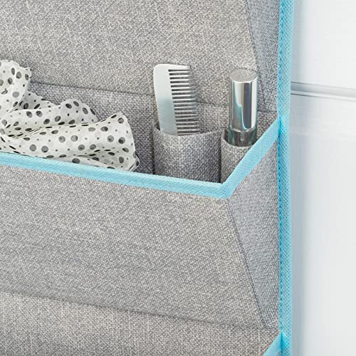 mDesign Soft Fabric Over The Door Hanging Storage Organizer with 4 Large Pockets for Closets in Bedrooms, Hallway, Entryway, Mudroom - Hooks Included - Textured Print - Gray/Teal Blue