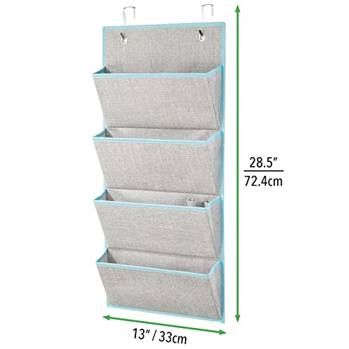 mDesign Soft Fabric Over The Door Hanging Storage Organizer with 4 Large Pockets for Closets in Bedrooms, Hallway, Entryway, Mudroom - Hooks Included - Textured Print - Gray/Teal Blue