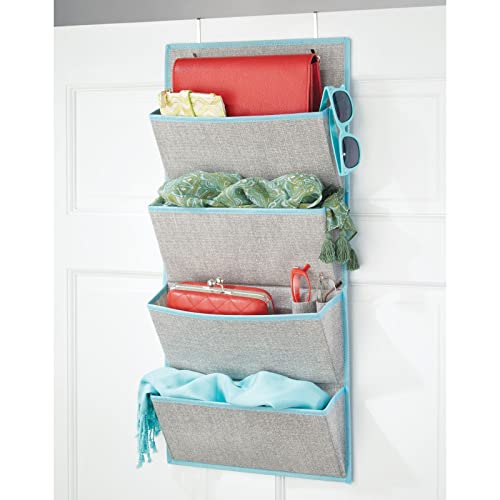 mDesign Soft Fabric Over The Door Hanging Storage Organizer with 4 Large Pockets for Closets in Bedrooms, Hallway, Entryway, Mudroom - Hooks Included - Textured Print - Gray/Teal Blue