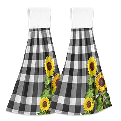 ALAZA Sunflowers Hanging Kitchen Towel 2 Pcs Hand Towel Black White Buffalo Check Plaid Tie Towels Set Absorbent Dish Cloths Bar Tea Towels for Bathroom Laundry Room Decor