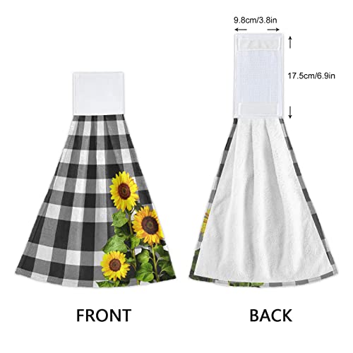 ALAZA Sunflowers Hanging Kitchen Towel 2 Pcs Hand Towel Black White Buffalo Check Plaid Tie Towels Set Absorbent Dish Cloths Bar Tea Towels for Bathroom Laundry Room Decor