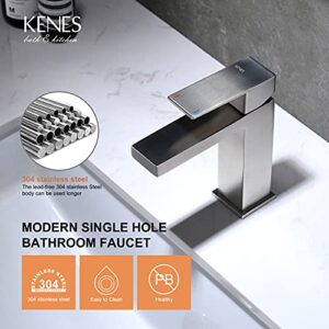 KENES Single Handle Bathroom Sink Faucet, Brushed Nickel Vanity Faucet for Bathroom Sink, with Pop Up Drain Stopper & Water Supply Hoses LJ-9031