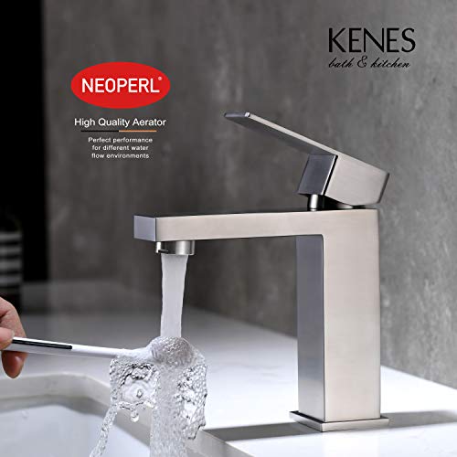 KENES Single Handle Bathroom Sink Faucet, Brushed Nickel Vanity Faucet for Bathroom Sink, with Pop Up Drain Stopper & Water Supply Hoses LJ-9031