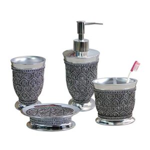 nu steel beaded heart resin bath accessory set for vanity countertops, 4 piece luxury ensemble includes dish, toothbrush holder, tumbler, soap an, silver