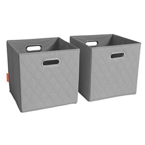 jiaessentials 12 inch gray foldable diamond patterned faux leather storage cube bins set of two with handles for living room, bedroom and office storage