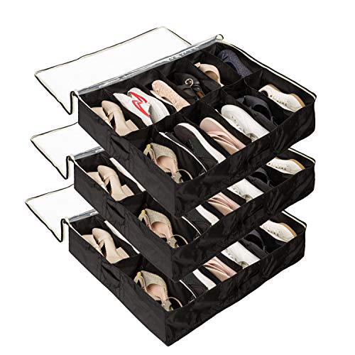 Surblue Under Bed Shoe Organizer Storage Bag with Transparent Skylight and Zippered,36 Pairs,Black 3 PCS