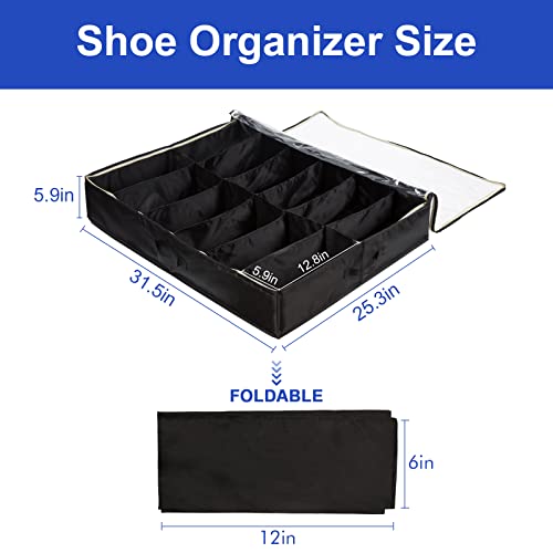 Surblue Under Bed Shoe Organizer Storage Bag with Transparent Skylight and Zippered,36 Pairs,Black 3 PCS