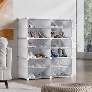 unzipe shoe rack for entryway, 6 cube 12-tier shoe storage cabinet 24 pairs plastic freestanding shoe organizer diy for entryway hallway closet or bedroom, white