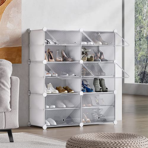 UNZIPE Shoe Rack for Entryway, 6 Cube 12-Tier Shoe Storage Cabinet 24 Pairs Plastic Freestanding Shoe Organizer DIY for Entryway Hallway Closet or Bedroom, White