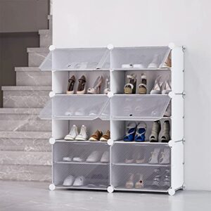 UNZIPE Shoe Rack for Entryway, 6 Cube 12-Tier Shoe Storage Cabinet 24 Pairs Plastic Freestanding Shoe Organizer DIY for Entryway Hallway Closet or Bedroom, White