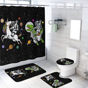 Outer Space Shower Curtain with 12 Hooks,Non-Slip Rug Toilet Lid Cover Bath Mat 4 Piece Sets Bathroom Set Space Art Astronaut Riding A Unicorn and Dinosaur and Planet Home Bathroom Decor, 72X72 Inch