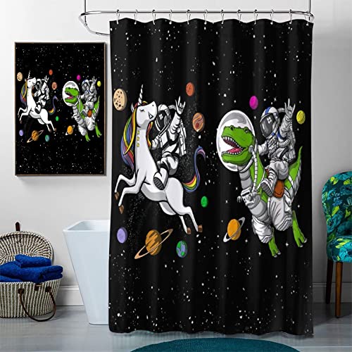 Outer Space Shower Curtain with 12 Hooks,Non-Slip Rug Toilet Lid Cover Bath Mat 4 Piece Sets Bathroom Set Space Art Astronaut Riding A Unicorn and Dinosaur and Planet Home Bathroom Decor, 72X72 Inch