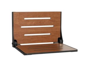 seachrome silhouette folding wall mount shower bench seat, rustic teak seat with matte black frame (shaf-185155-prts-s-mb)
