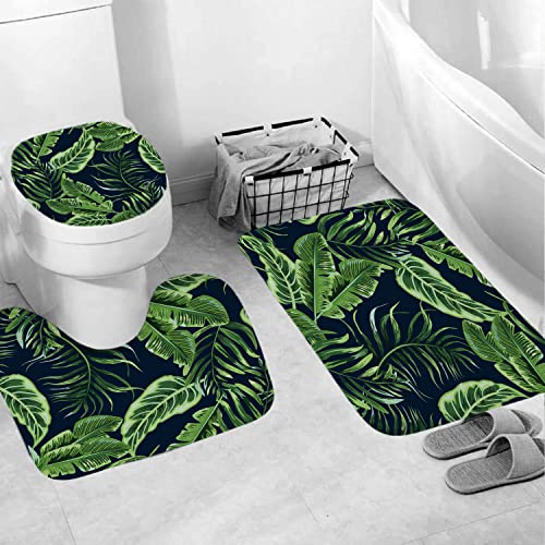 4 Pcs Tropical Plant Shower Curtain Set, Modern Bathroom Sets with Rugs and Accessories, Green Palm Leaf Bathroom Set Banana Leaves Bathroom Decor, Summer Hawaiian