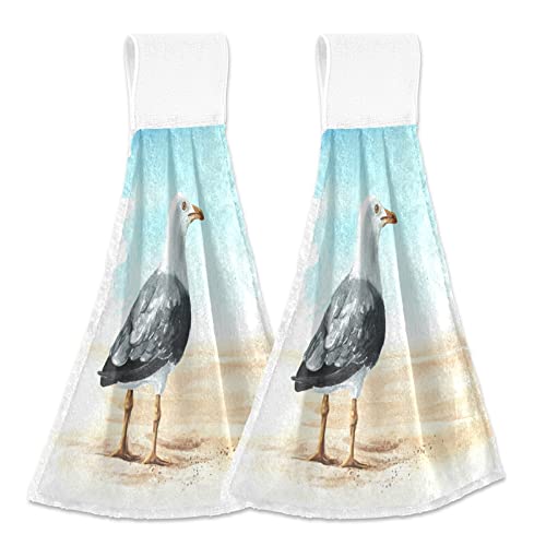 Seagull Sea Gull Hanging Kitchen Towels Summer Beach Sand Hand Towel 2PCS Dish Cloth Tie Towel Absorbent Oven Stove Washcloth with Loop for Bathroom Home Decorative