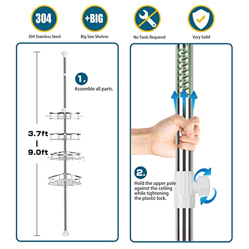 Rosefray Shower Caddy Tension Pole, 304 Stainless Steel Corner Shower Shelf with 4 Big Adjustable Baskets, 6 hooks, Adjustable Height from 3.7 to 9ft