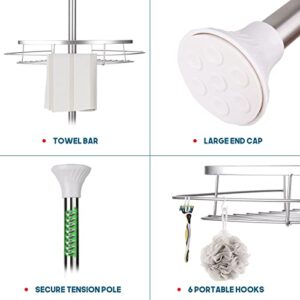 Rosefray Shower Caddy Tension Pole, 304 Stainless Steel Corner Shower Shelf with 4 Big Adjustable Baskets, 6 hooks, Adjustable Height from 3.7 to 9ft