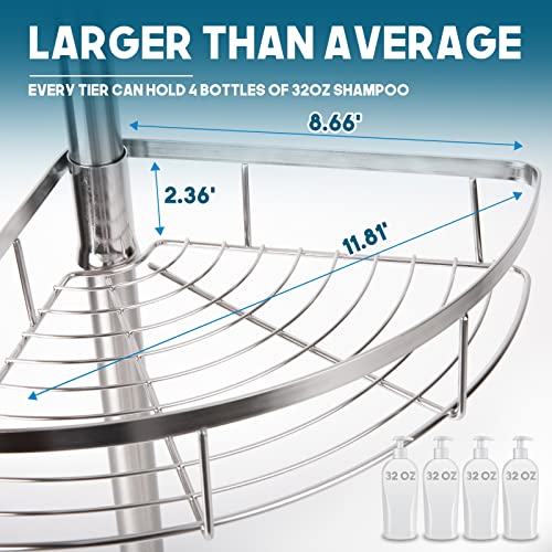 Rosefray Shower Caddy Tension Pole, 304 Stainless Steel Corner Shower Shelf with 4 Big Adjustable Baskets, 6 hooks, Adjustable Height from 3.7 to 9ft