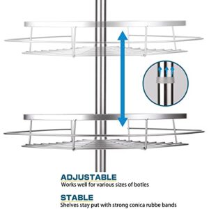 Rosefray Shower Caddy Tension Pole, 304 Stainless Steel Corner Shower Shelf with 4 Big Adjustable Baskets, 6 hooks, Adjustable Height from 3.7 to 9ft