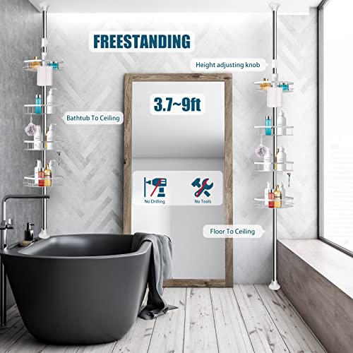 Rosefray Shower Caddy Tension Pole, 304 Stainless Steel Corner Shower Shelf with 4 Big Adjustable Baskets, 6 hooks, Adjustable Height from 3.7 to 9ft