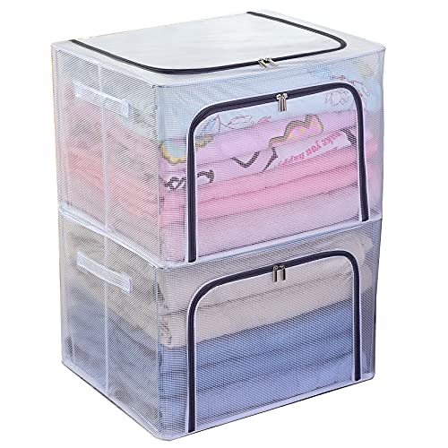 Kaysun Stackable Closet Clear Storage Bins with Lids Waterproof Foldable Steel Frame Storage Box for Clothes 66L Baby Cloth Storage bag Organizer for Bedding Clothing Toy(2-Pack 66L+2-pack 22L）)