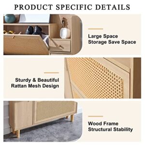 RUNOLIG Rattan Shoe Cabinet, Hidden Shoe Storage with Rattan Mesh Design and 2 Hanging Hooks, Wood Shoe Organizer with 3 Flip Down Drawers and 2 Storage Drawers, Narrow Shoe Cabinet for Entryway