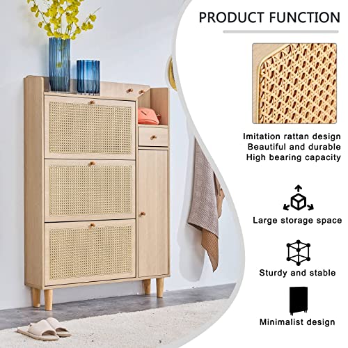 RUNOLIG Rattan Shoe Cabinet, Hidden Shoe Storage with Rattan Mesh Design and 2 Hanging Hooks, Wood Shoe Organizer with 3 Flip Down Drawers and 2 Storage Drawers, Narrow Shoe Cabinet for Entryway