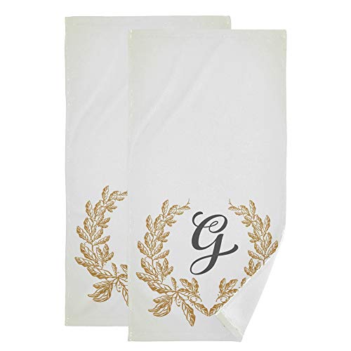 Oreayn Monogrammed Hand Towel for Bathroom Kitchen Beach Polyester Cotton Set of 2 Gold Leaves Wreath Fingertip Towel Soft Absorbent 28.3 x 14.4 Inch, Monogram Letter G