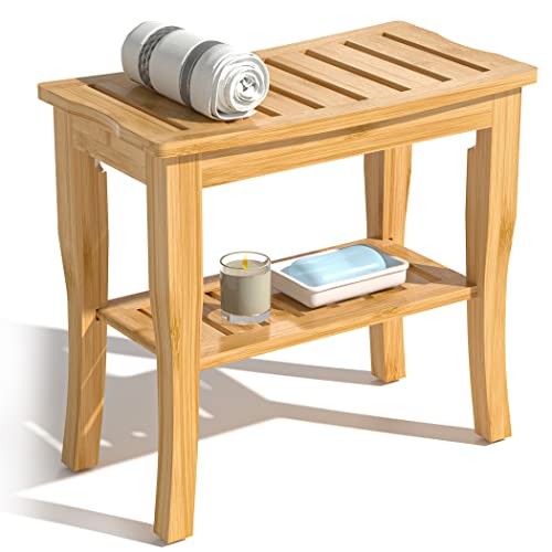 Bamboo Shower Bench & Stool Waterproof - Wood Shower Bench with Storage Shelf for Inside Shower(Classic Natural)