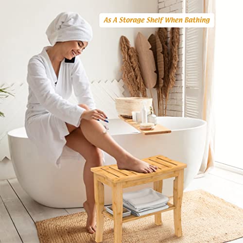 Bamboo Shower Bench & Stool Waterproof - Wood Shower Bench with Storage Shelf for Inside Shower(Classic Natural)