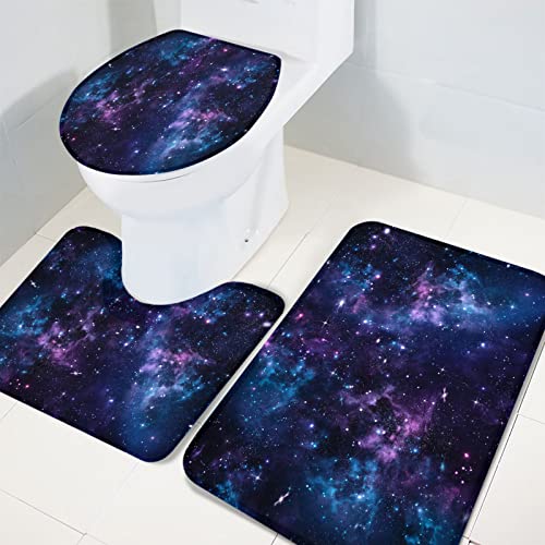 Apular Fashion 3 Piece Bath Rugs Set Galaxy Star Nebula Space Starry Sky Printed Non Slip Ultra Soft Bathroom Mats, U Shape Mat and Toilet Lid Cover Mat Bath Mats