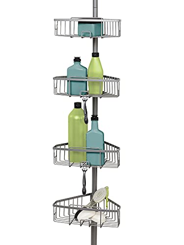 Zenna Home Tension Pole Shower Caddy, 4 Basket Shelves, Adjustable, 60 to 108 Inch, Satin Nickel